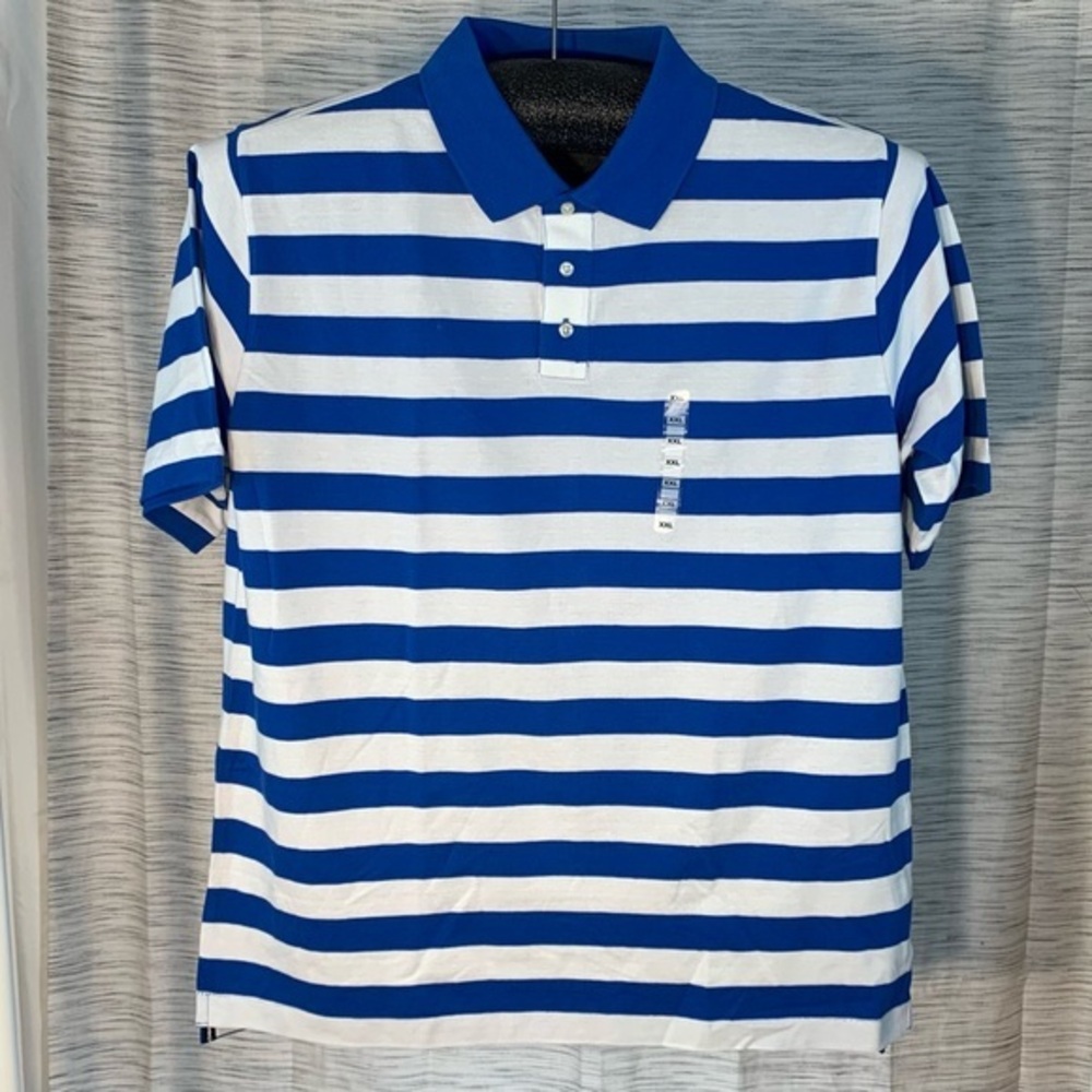 XPBX Basics NWT white and blue striped shirt sleeve polo shirt.